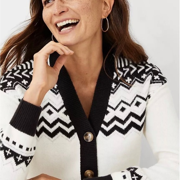 NWOT Ann Taylor Fair Isle Cardigan Wool Sweater Large Black $109 Size Winter - Picture 3 of 8